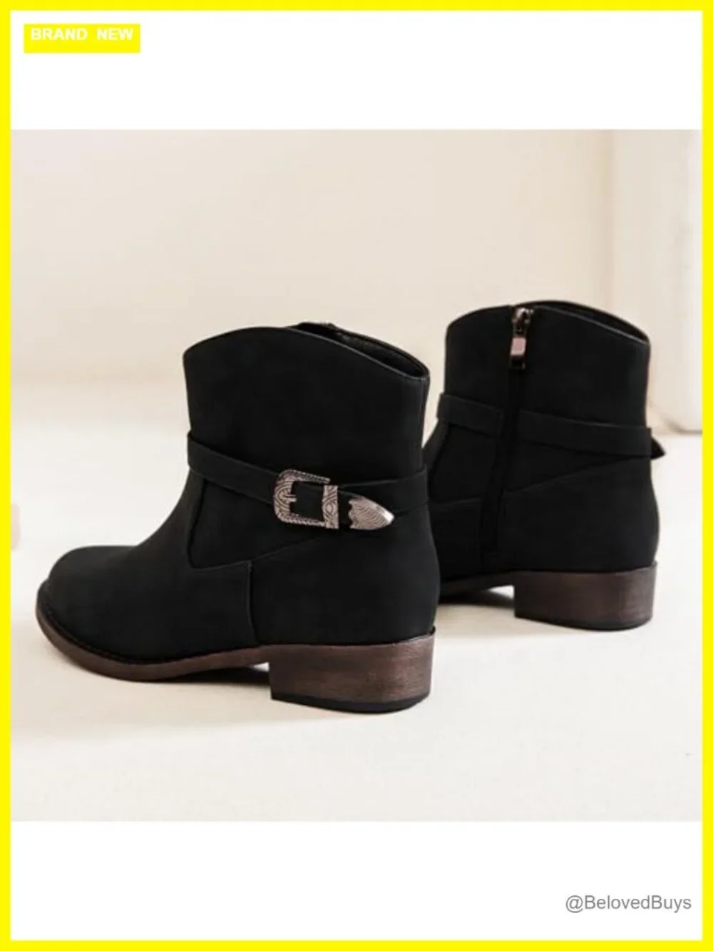 Women's Western Ankle Boots Low Chunky Heel Side Zipper Faux Leather